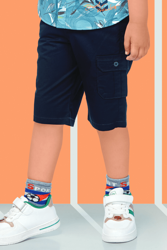 Blue and Navy Blue Printed Casual wear 3/4th Shorts and Shirt Set for Boys with Belt - Seasons Chennai