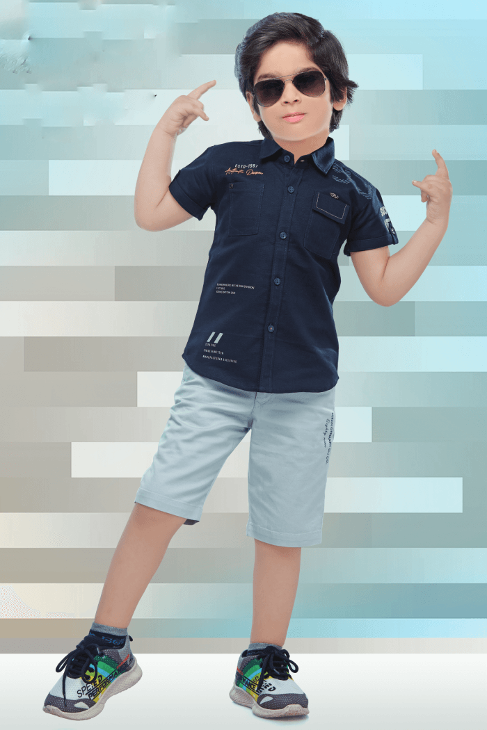 Navy Blue and Grey Casual wear Shorts and Shirt Set for Boys with Belt - Seasons Chennai