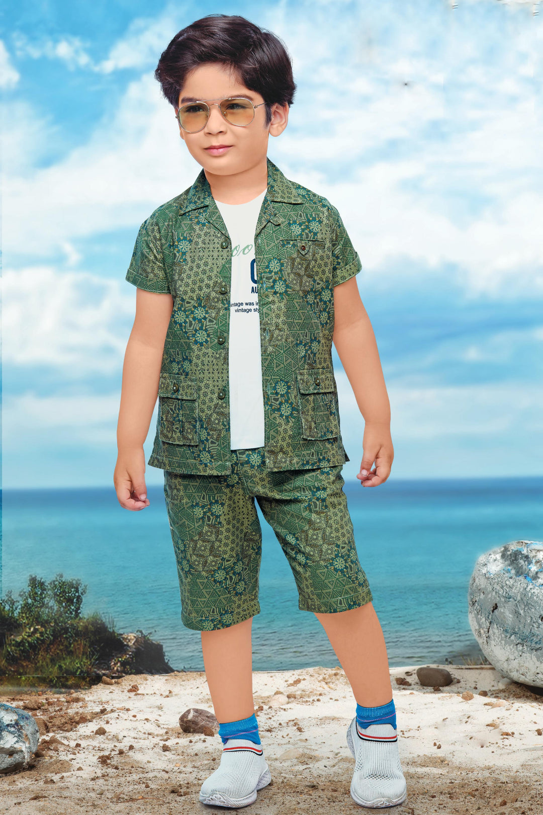 Green Printed Blazer with White T-Shirt and 3/4th Shorts for Boys with Belt - Seasons Chennai