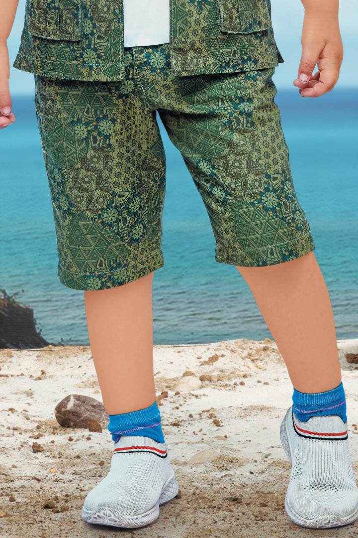 Green Printed Blazer with White T-Shirt and 3/4th Shorts for Boys with Belt - Seasons Chennai