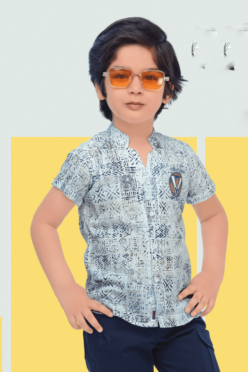 Half White with Navy Blue Printed Casual wear 3/4th Shorts and Shirt Set for Boys with Belt - Seasons Chennai