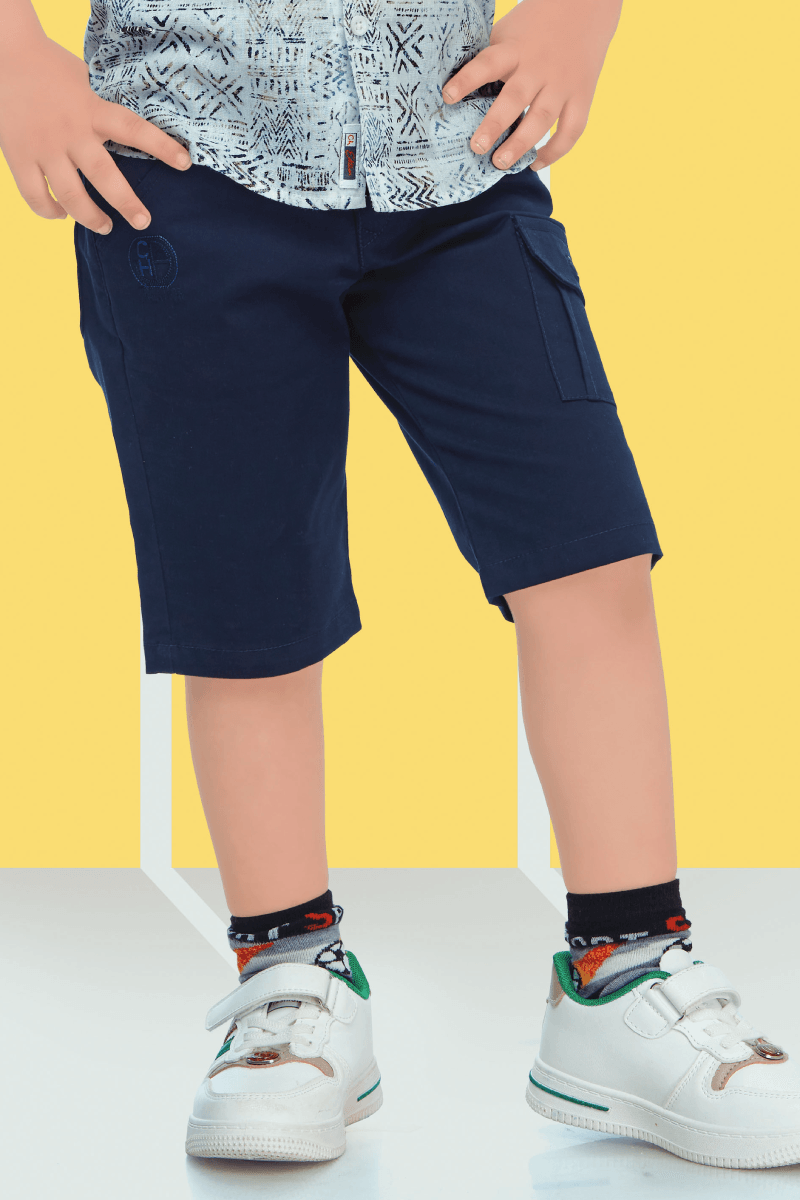 Half White with Navy Blue Printed Casual wear 3/4th Shorts and Shirt Set for Boys with Belt - Seasons Chennai