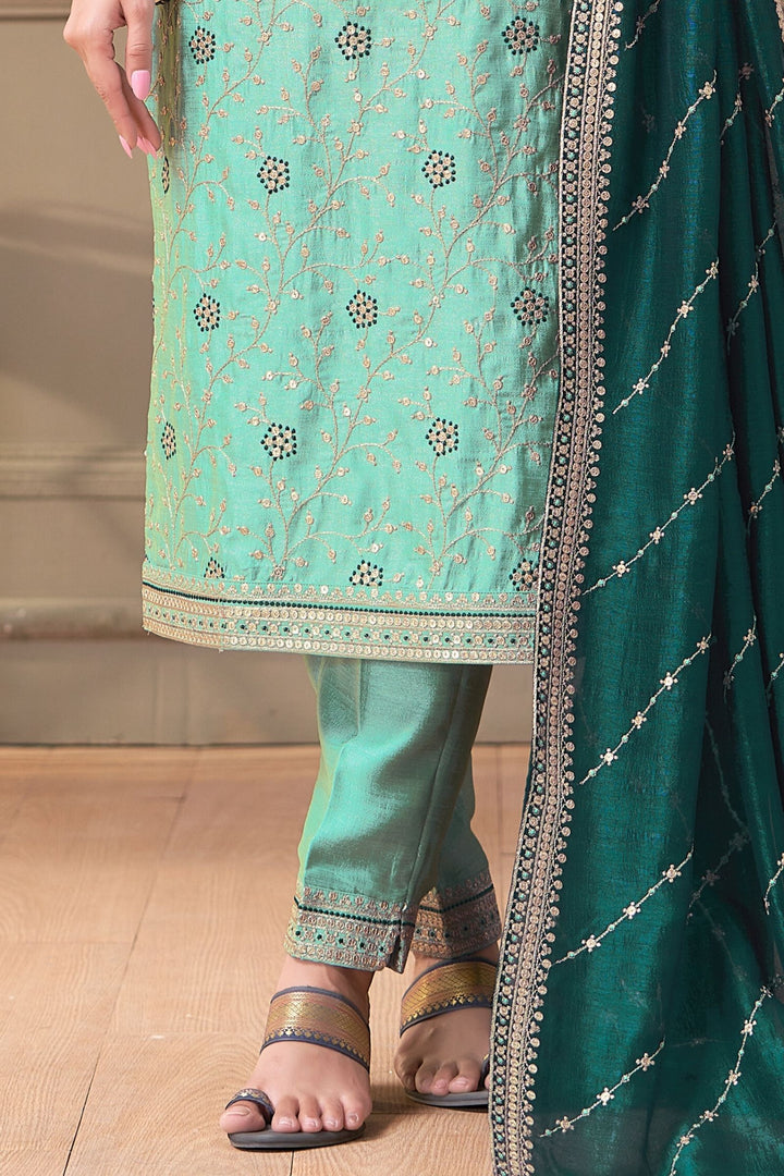 Sea Blue Zari, Sequins and Thread work Straight Cut Salwar Suit