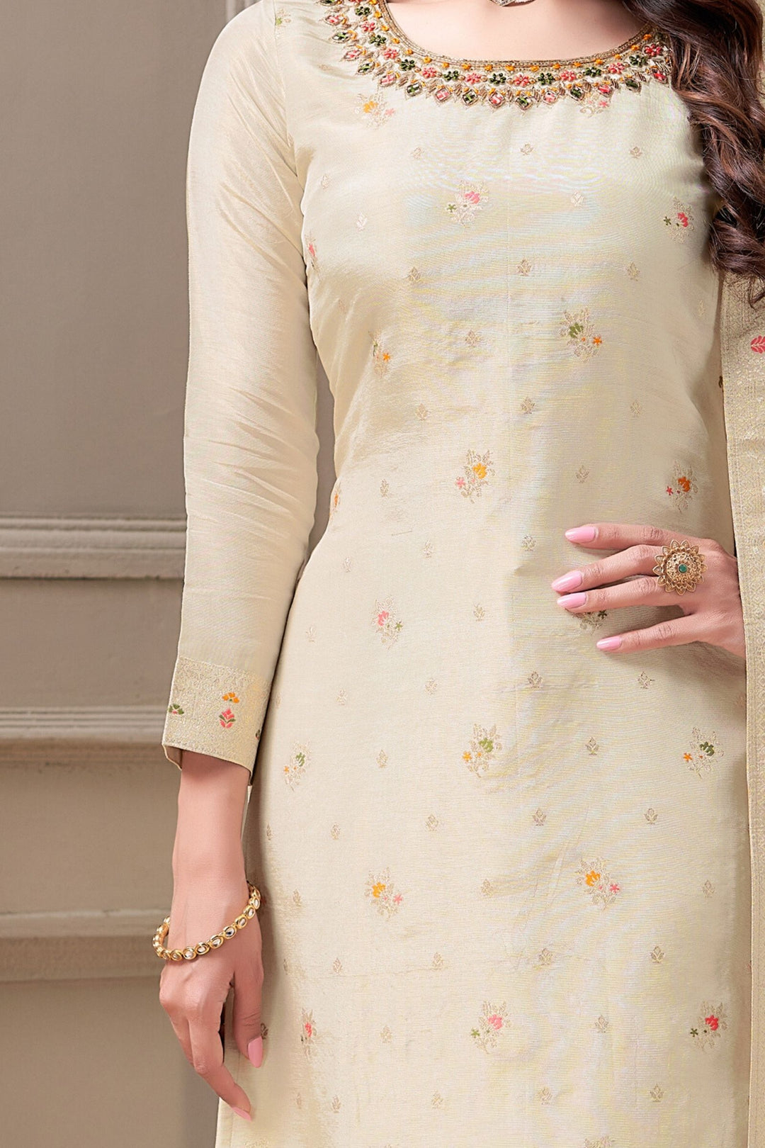 Cream Mirror, Thread and Stone work with Banaras Zari Weaving Straight Cut Salwar Suit