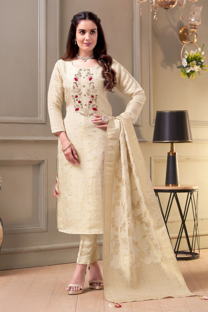 Cream Beads, Zardozi and Sequins work with Banaras Zari Weaving Straight Cut Salwar Suit