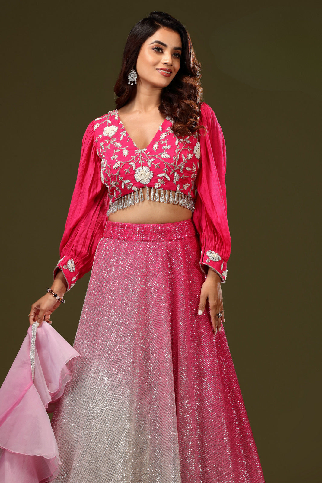 Pink with Cream Shaded Beads, Thread and Sequins work Crop Top Lehenga