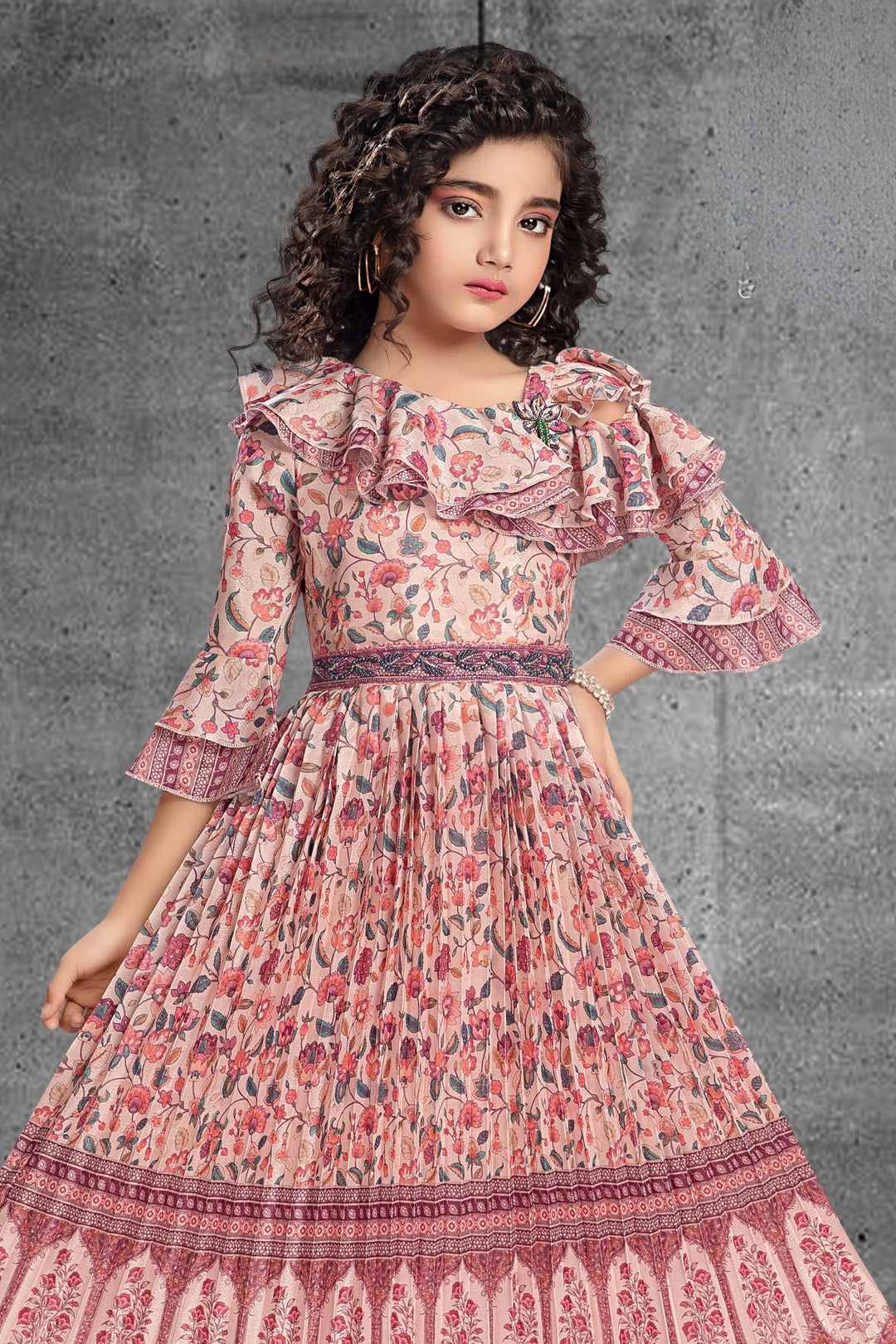 Peach with Multicolor Digital Print Long Gown for Girls