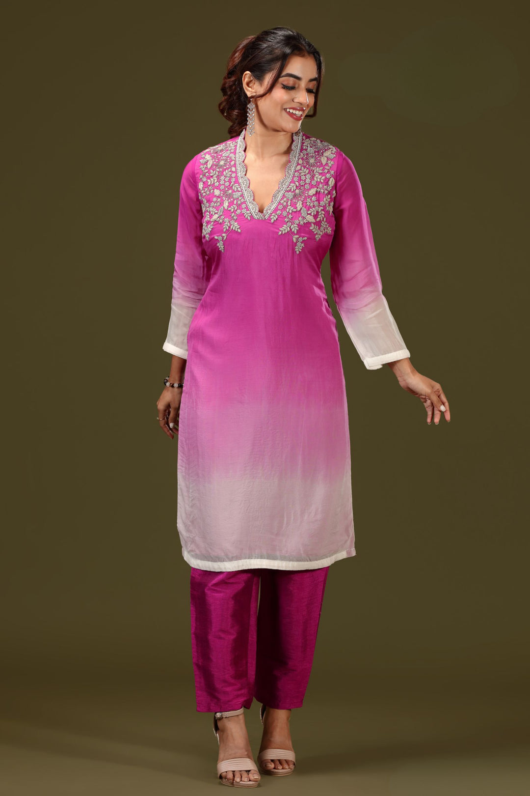 Magenta with Cream Pearl, Thread, Beads and Zardozi work Straight Cut Salwar Suit