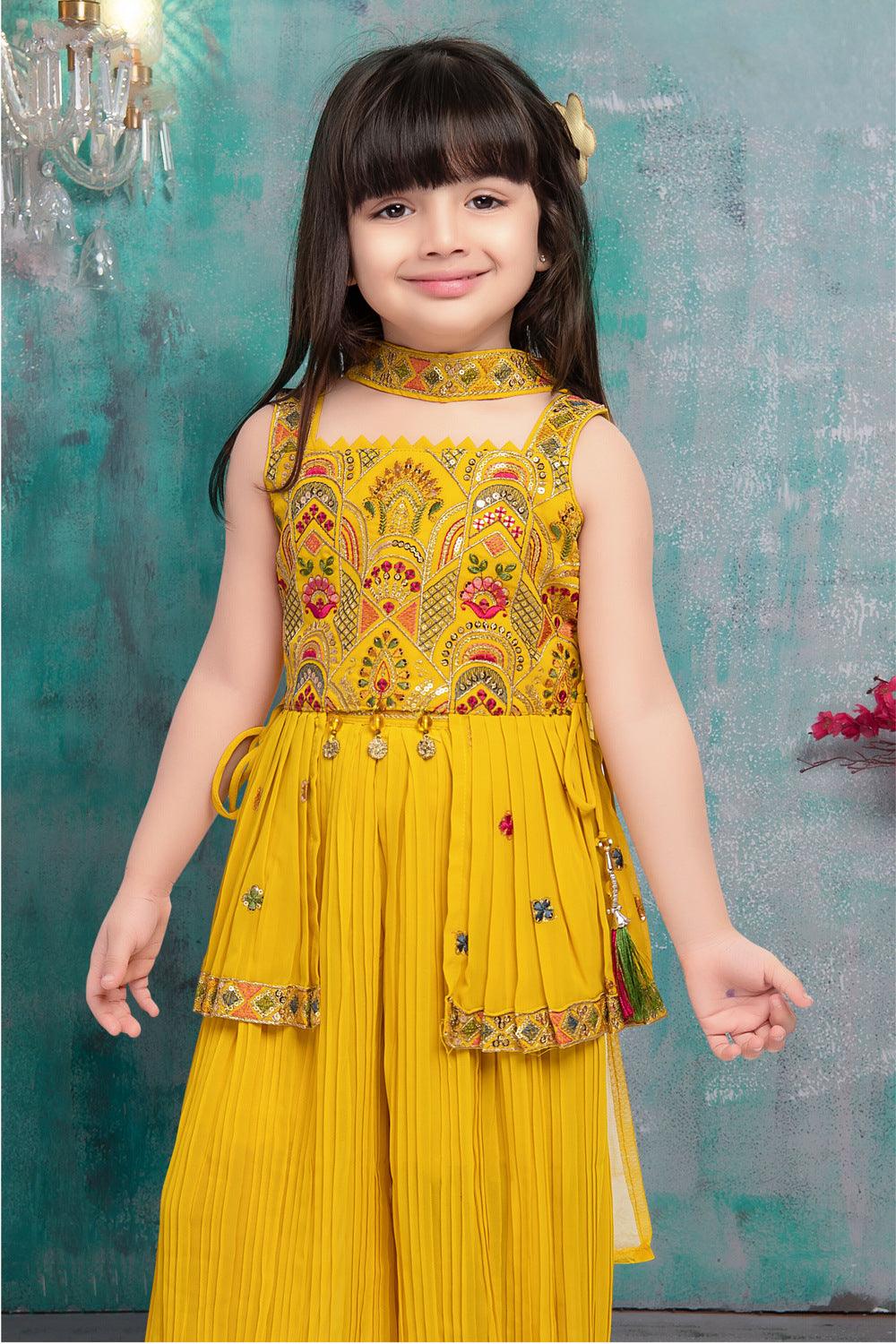 Yellow Sequins and Multicolor Thread work Peplum Top and Afghani Set for Girls - Seasons Chennai