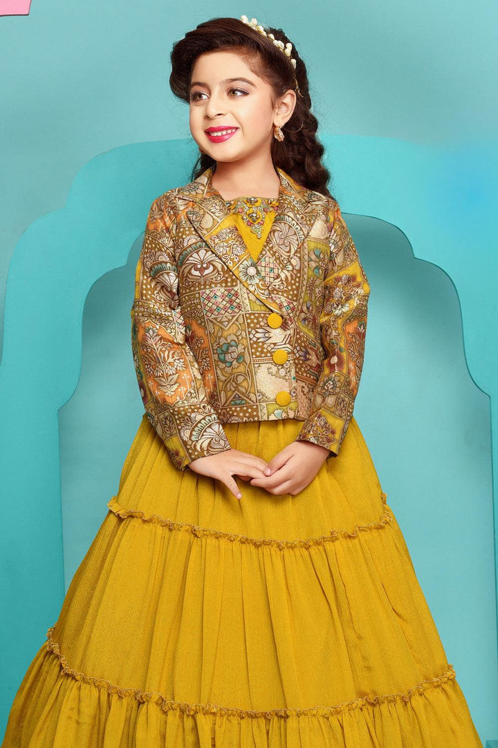 Yellow Stone, Beads and Zari work Overcoat Styled Lehenga Choli for Girls - Seasons Chennai