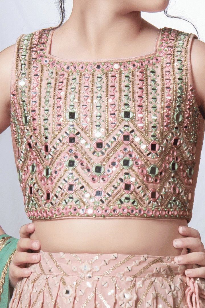 Peach Mirror, Sequins and Beads work Lehenga Choli for Girls - Seasons Chennai