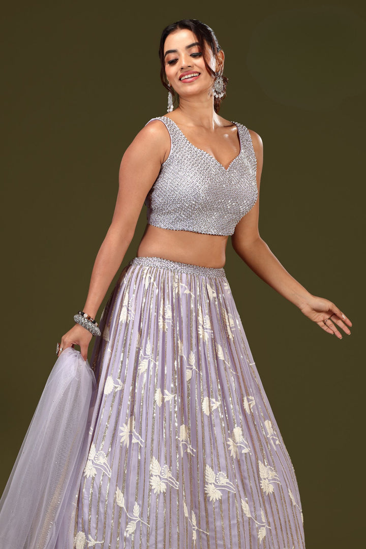 Light Lavender Stone, Sequins, Beads, Pearl and Embroidery work Crop Top Lehenga