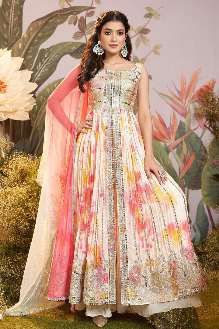Cream with Tie and Dye Print, Sequins and Zari work Front Slit Salwar Suit with Palazzo Pants - Seasons Chennai