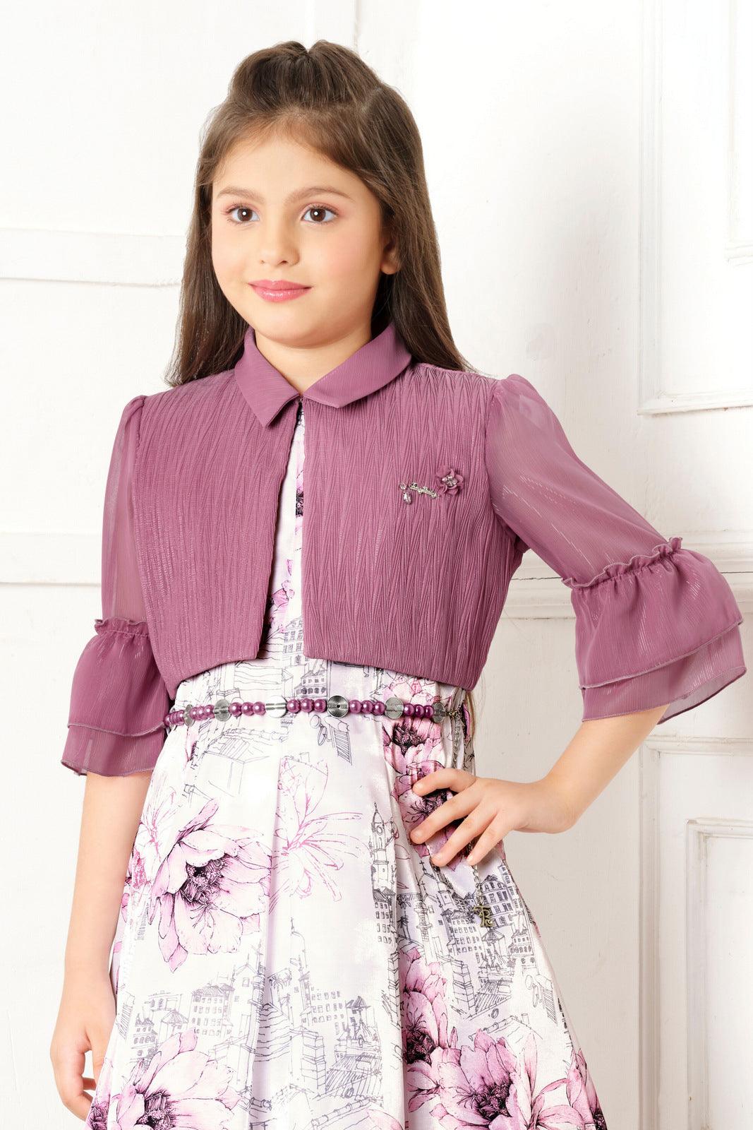 Wine with Half White HD Print Jacket Styled Partywear Short Frock For Girls - Seasons Chennai