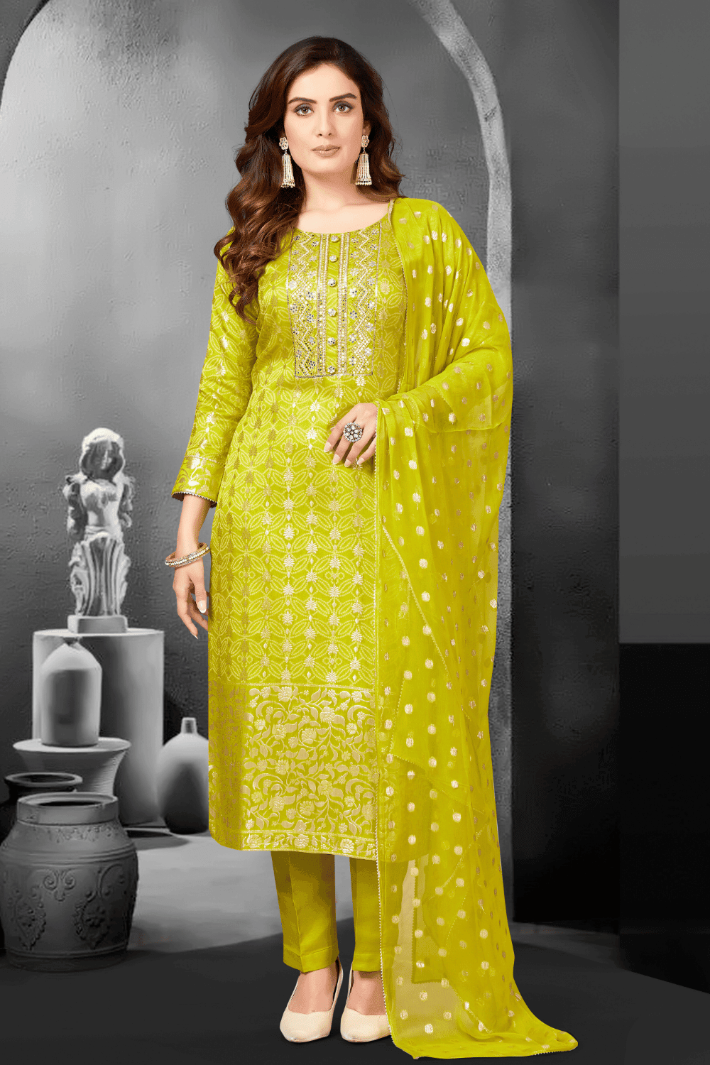 Lemon Green Bandini Print, Pearl, Beads, Banaras and Sequins work Straight Cut Salwar Suit - Seasons Chennai