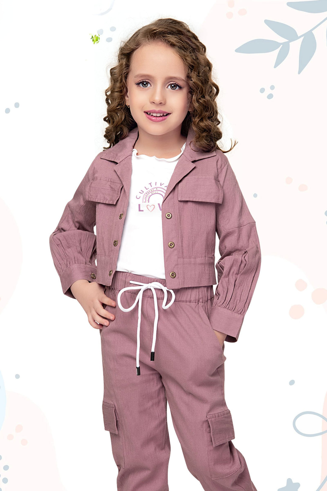 Onion Pink with White Overcoat Styled Top and Pant Set for Girls