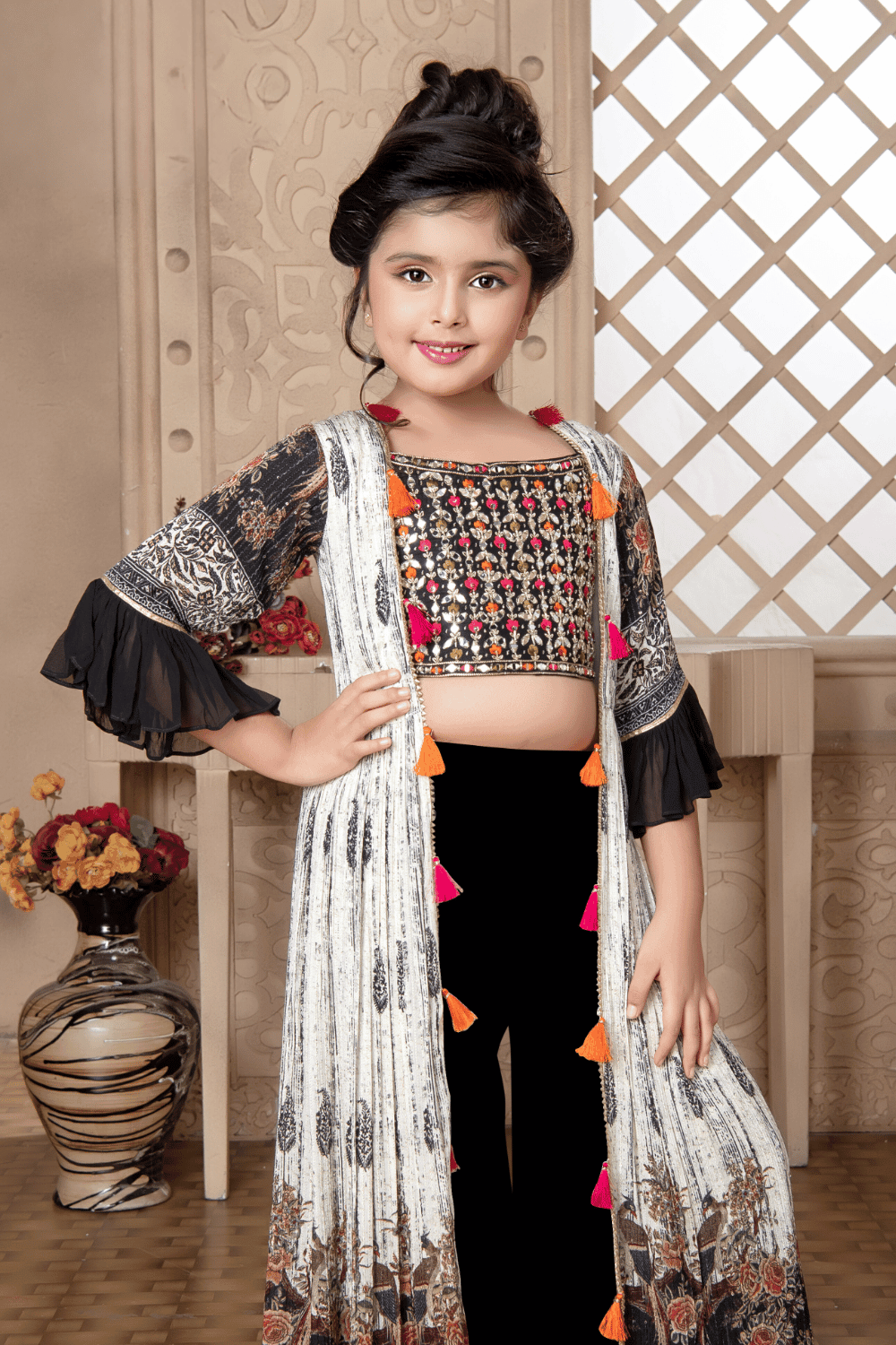Black With Cream Mirror Zardozi Zari Beads And Thread Work Overcoat black-with-cream-mirror-zardozi-zari-beads-and-thread-work-overcoat