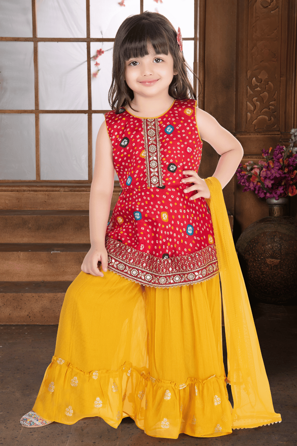Red with Yellow Sequins and Zari work with Bandini Print Peplum Style Palazzo Suit Set for Girls - Seasons Chennai
