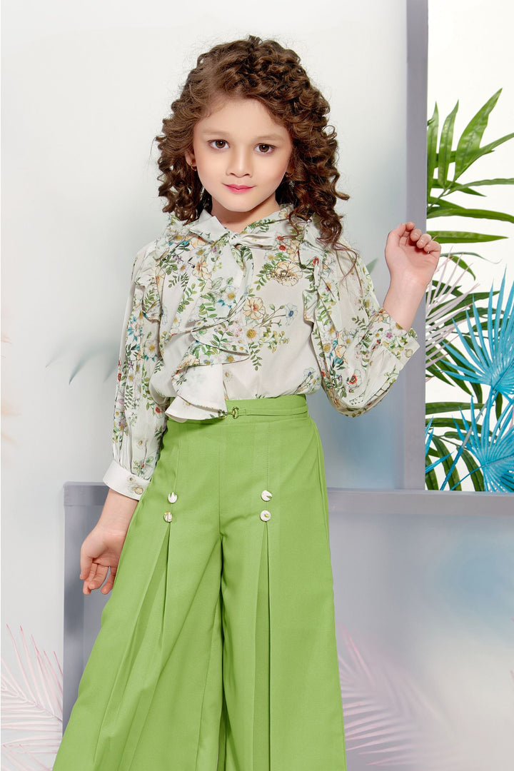 Half White Floral Print Top with Pista Green Culottes for Girls