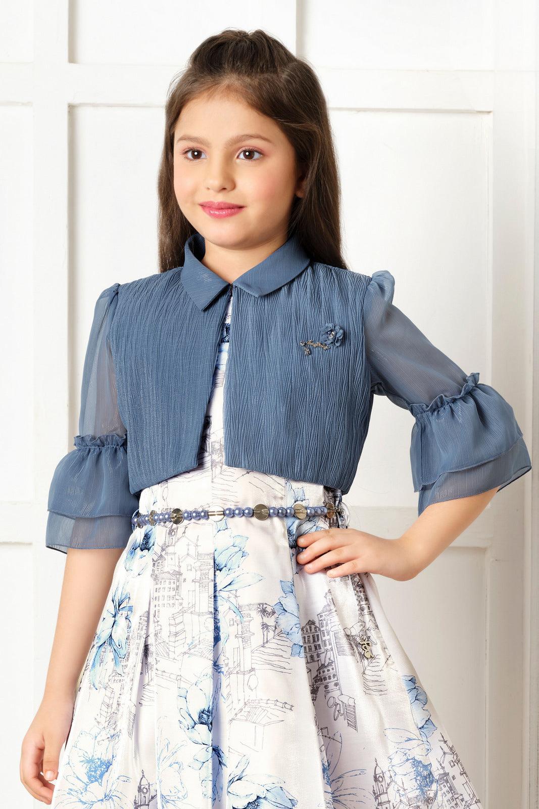 Blue with Half White HD Print Jacket Styled Partywear Short Frock For Girls - Seasons Chennai