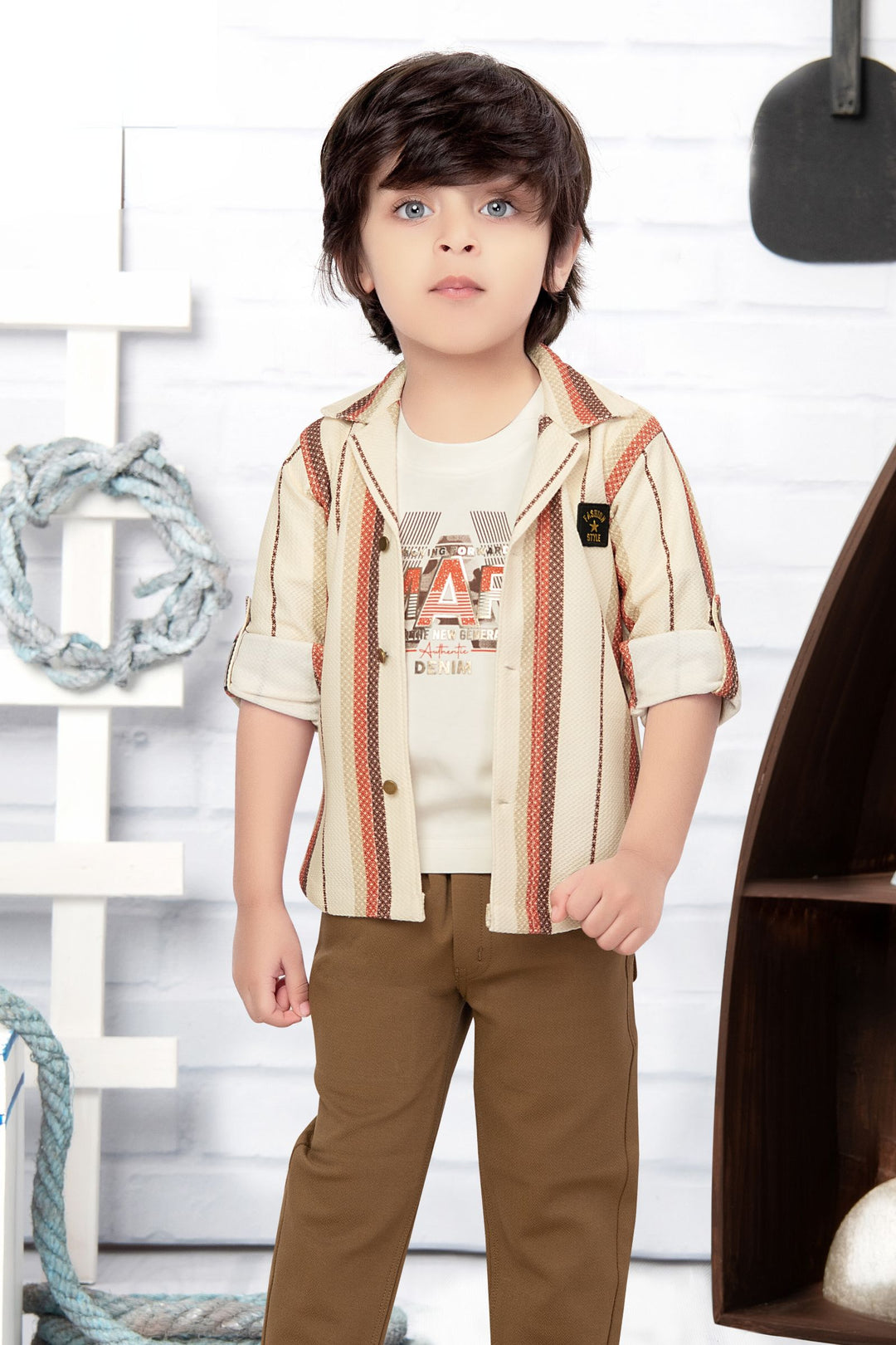 Cream with Fawn Printed Blazer, T-Shirt and Brown Pant Set for Boys