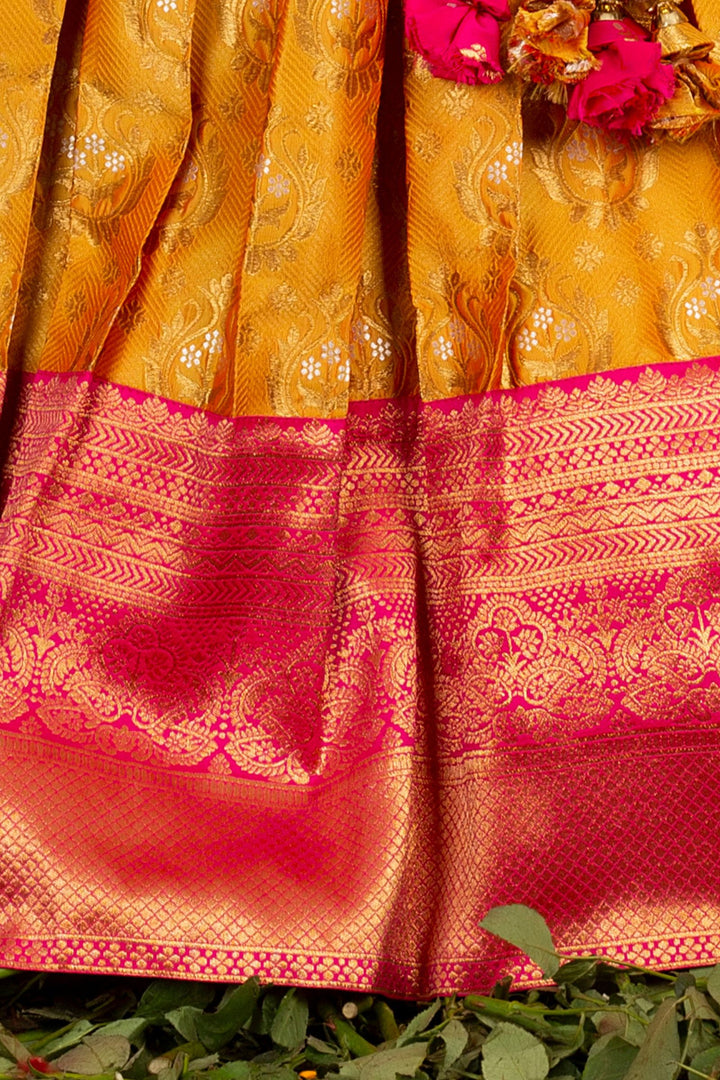 Pink with Yellow Banaras, Zari, Stone and Thread work Lehenga Choli for Girls