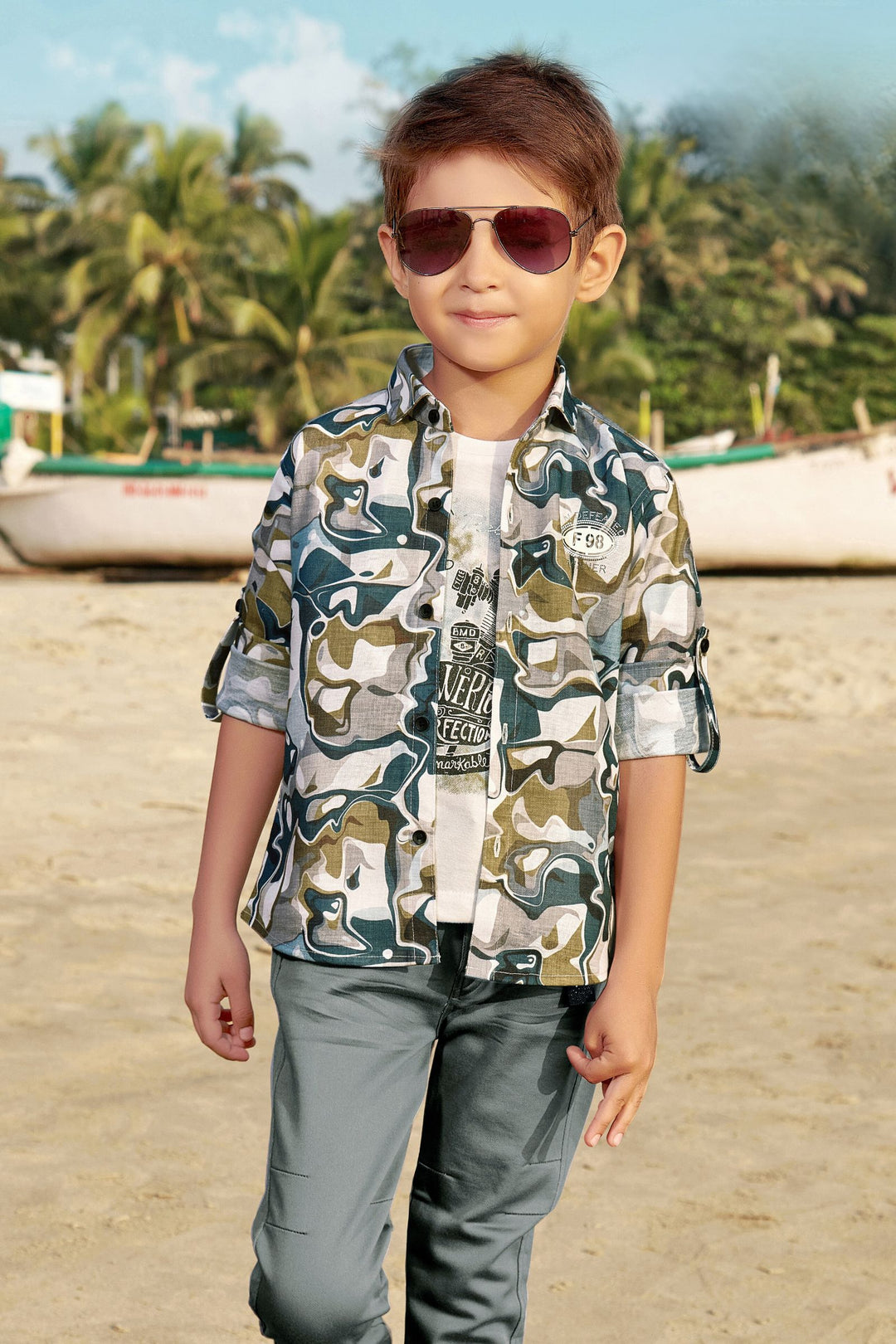 Teal Blue with White Printed Blazer, T-Shirt and Pant Set for Boys