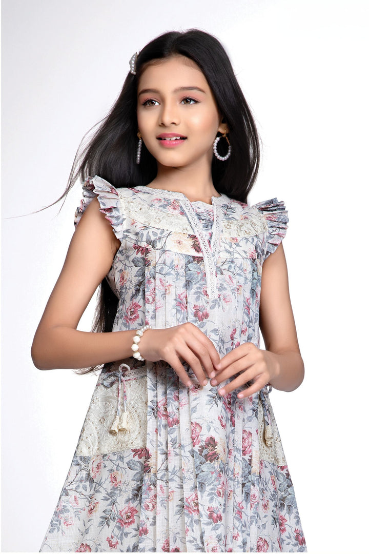Cream Thread work with Floral Print Knee Length Casual Frock for Girls