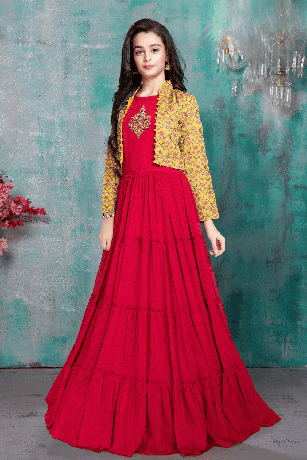 Yellow with Rani Pink Sequins and Zari Thread work Overcoat Styled Long Gown For Girls - Seasons Chennai