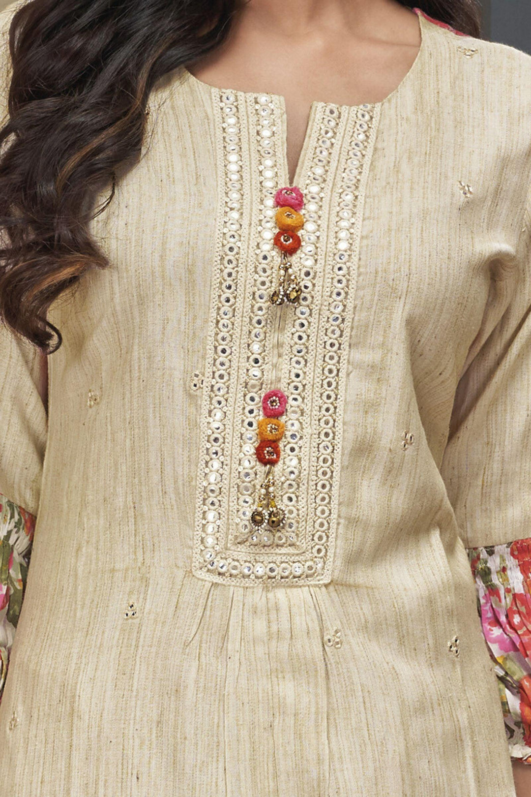 Cream Thread and Zari work with Floral Print Straight Cut Salwar Suit - Seasons Chennai