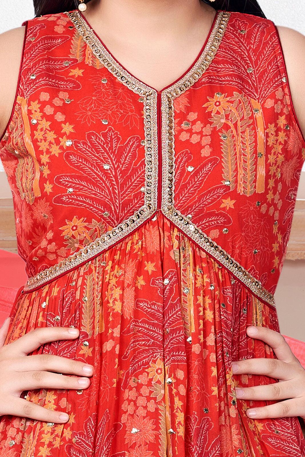 Orange Zari and Sequins work with Digital Print Palazzo Suit Set for Girls - Seasons Chennai
