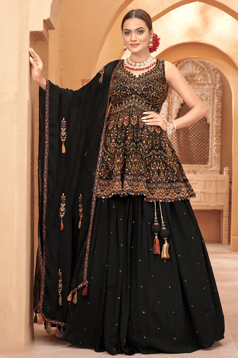Black Multicolor Thread, Sequins and Beads work Peplum Style Lehenga - Seasons Chennai