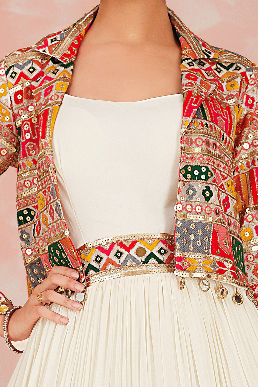 Cream with Multicolor Thread, Sequins and Zari work Jacket Styled Floor Length Anarkali Suit - Seasons Chennai