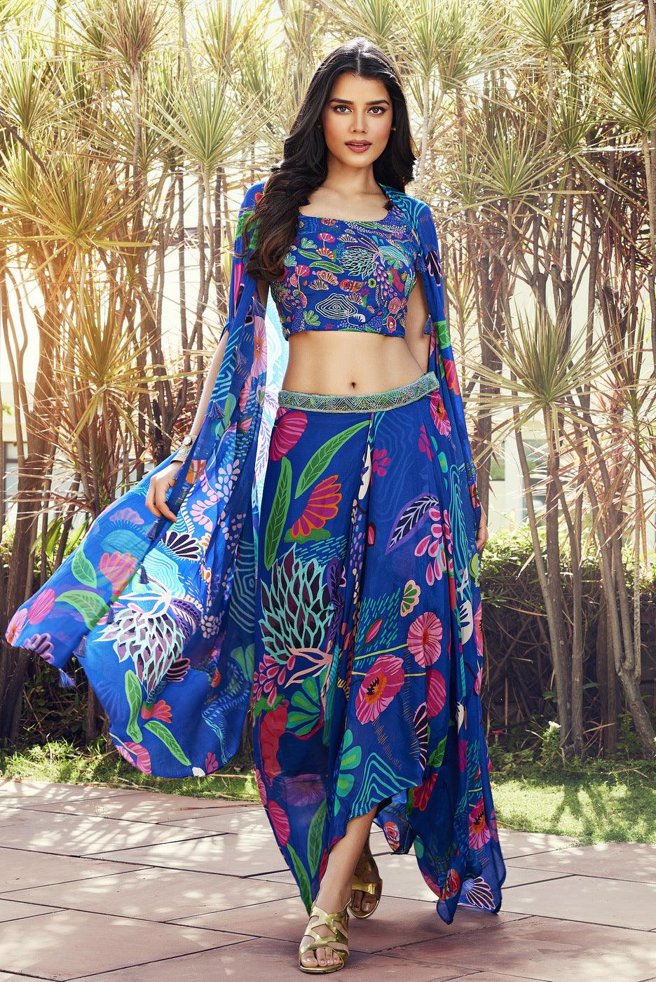 Blue Beads and Sequins work with Digital Print Overcoat and Dhoti Styled Crop Top Set - Seasons Chennai