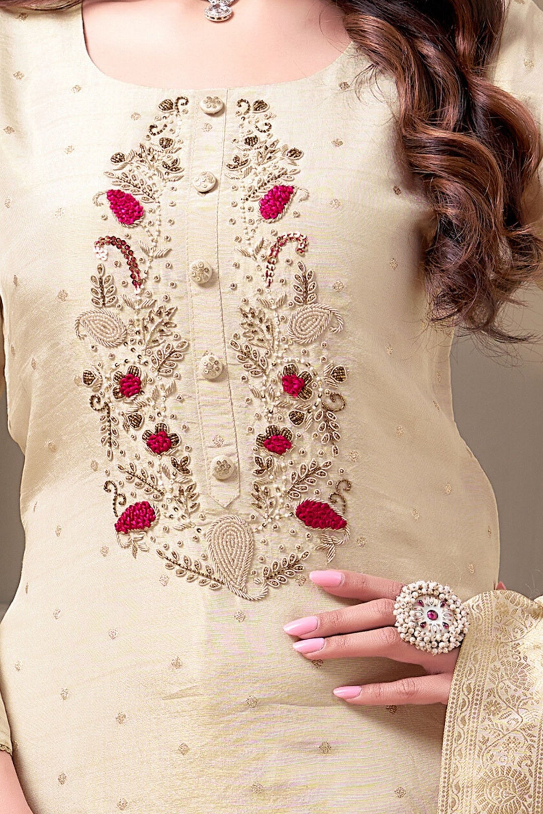 Cream Beads, Zardozi and Sequins work with Banaras Zari Weaving Straight Cut Salwar Suit