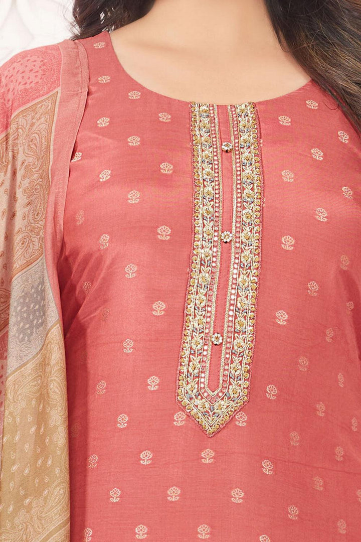 Peach Banaras Butta, Beads, Sequins and Thread work Straight Cut Salwar Suit - Seasons Chennai