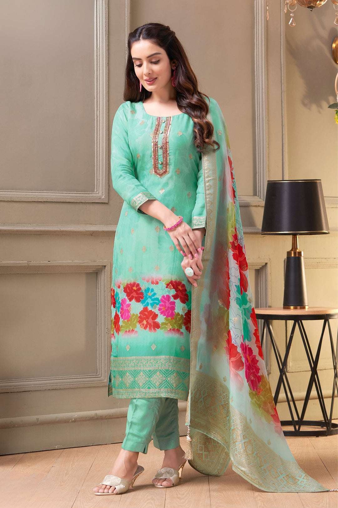 Sea Green Floral Print, Sequins, Thread and Zardozi work Straight Cut Salwar Suit