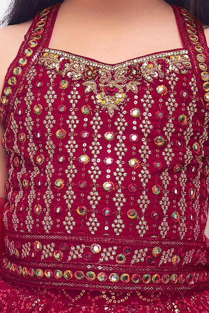 Red with Bandini Print, Sequins, Zari and Stone work Lehenga Choli for Girls