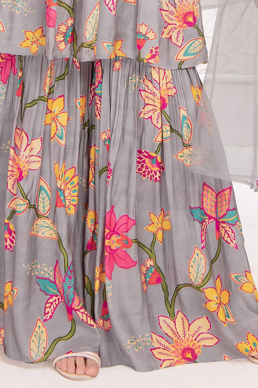 Grey Floral Print Alia Cut Peplum Top and Sharara Set for Girls - Seasons Chennai