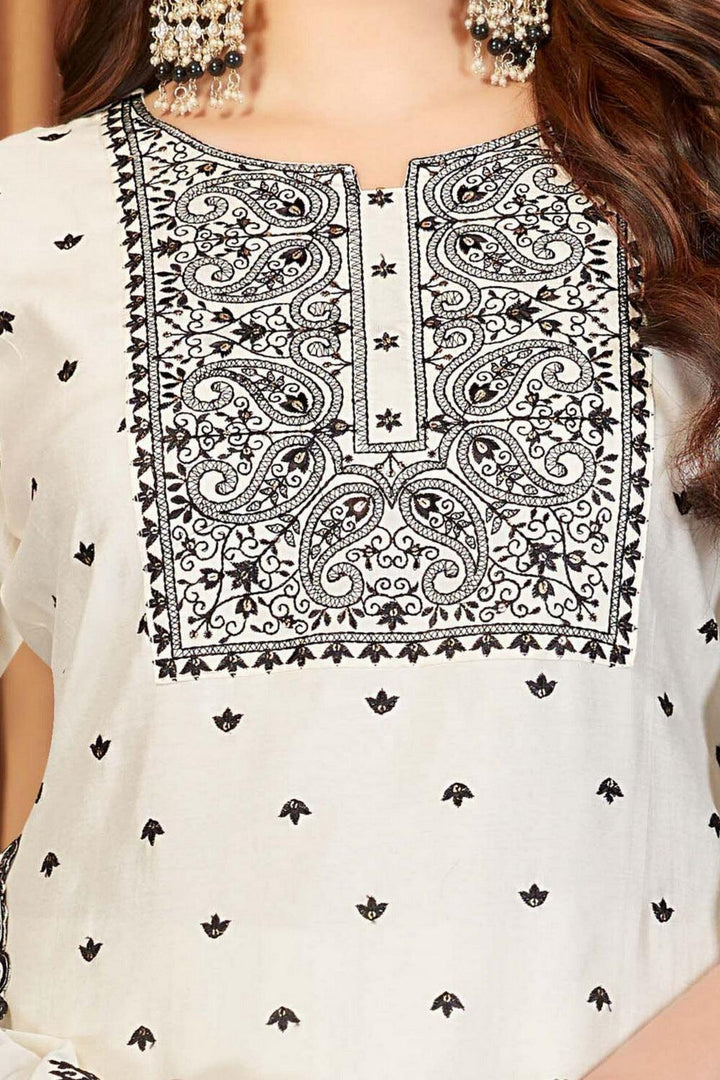 White with Black Embroidery and Sequins work Straight Cut Salwar Suit - Seasons Chennai