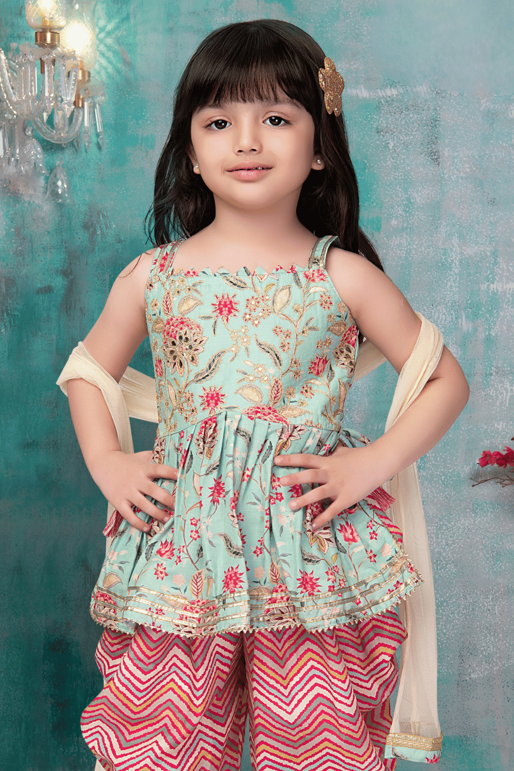 Pista Green with Multicolor Digital Print and Zari Thread work Dhoti Style Peplum Kurti for Girls - Seasons Chennai
