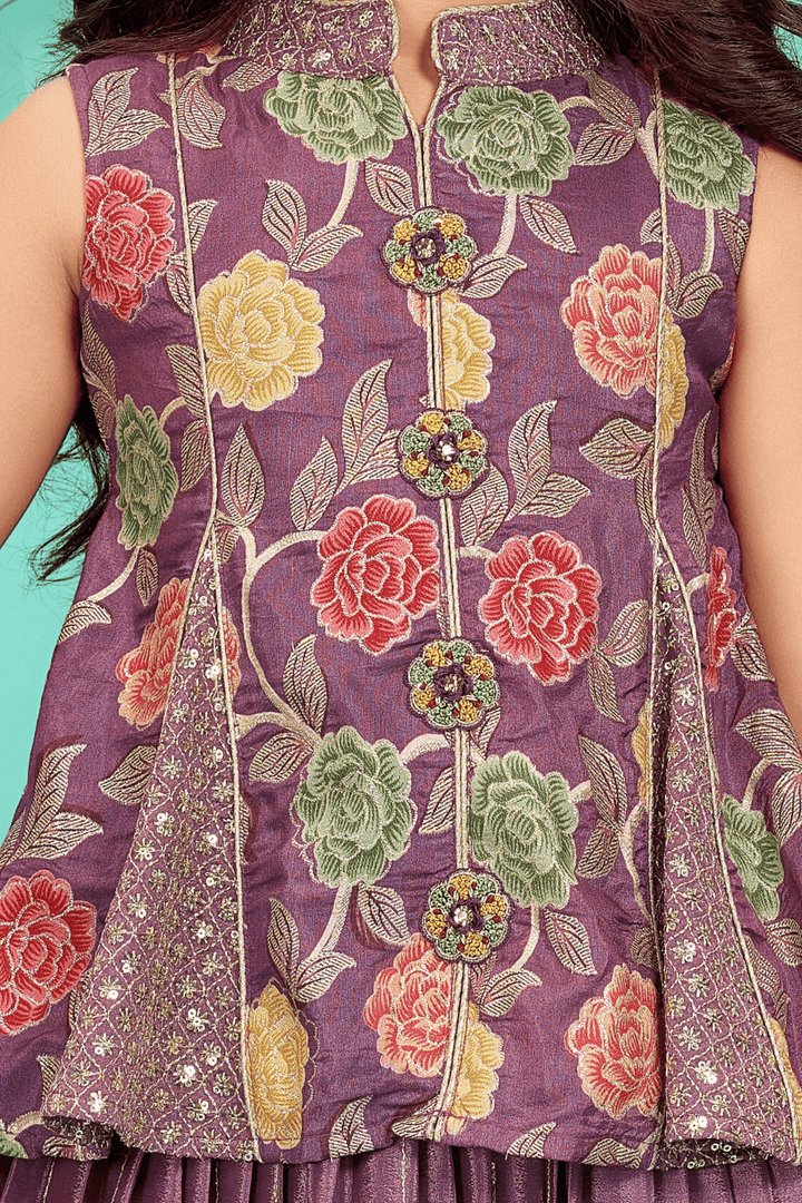 Purple Floral Print, Sequins, Zari and Thread work Lehenga Choli for Girls - Seasons Chennai