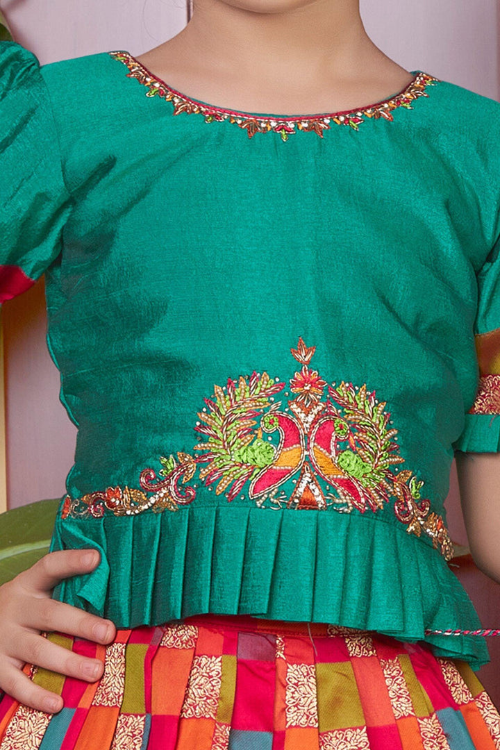Green with Multicolor Banaras, Pearl, Beads and Zardozi work Lehenga Choli for Girls - Seasons Chennai