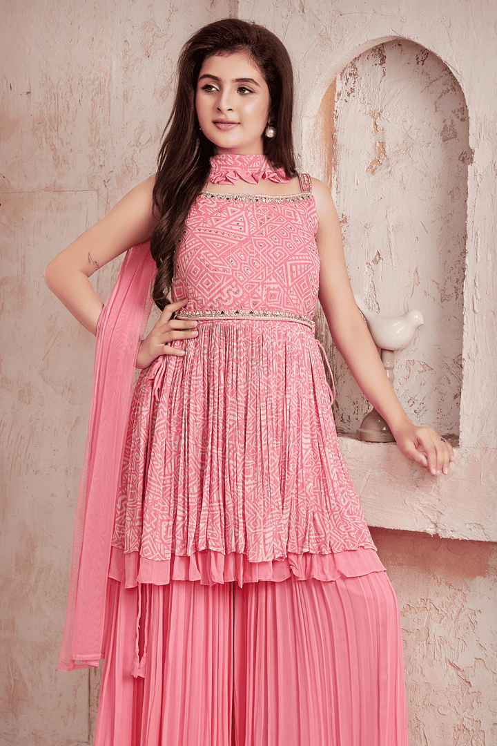Pink Stone, Mirror and Beads work with Digital print Peplum Style Sharara Suit Set for Girls - Seasons Chennai