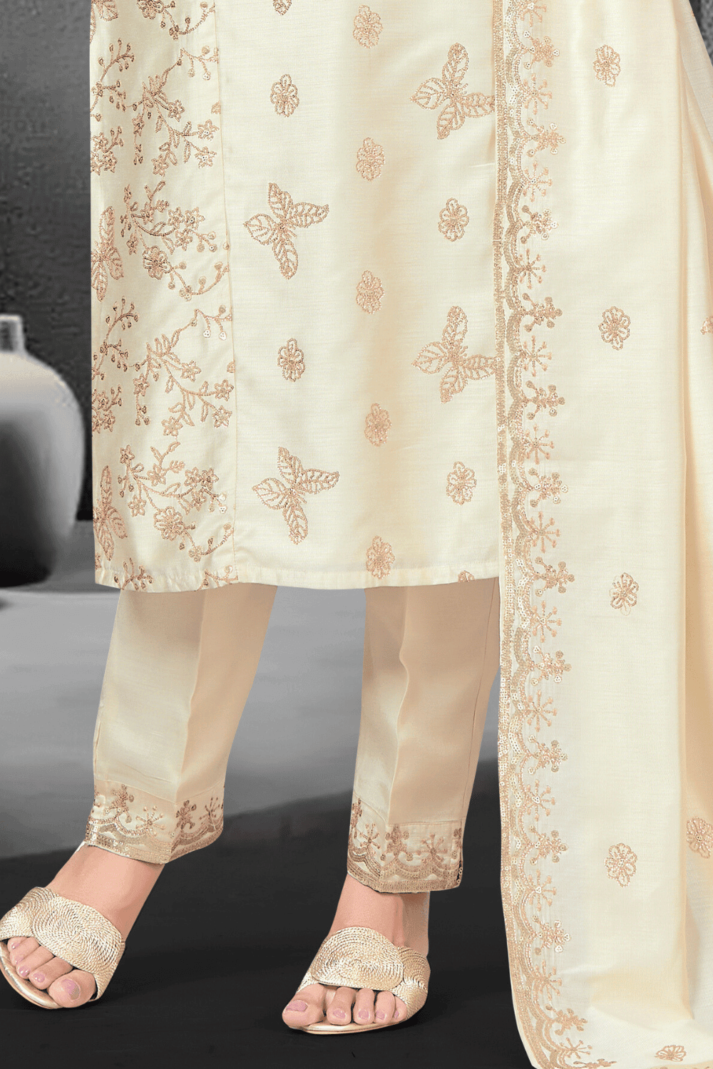 Cream Sequins work Straight Cut Salwar Suit - Seasons Chennai