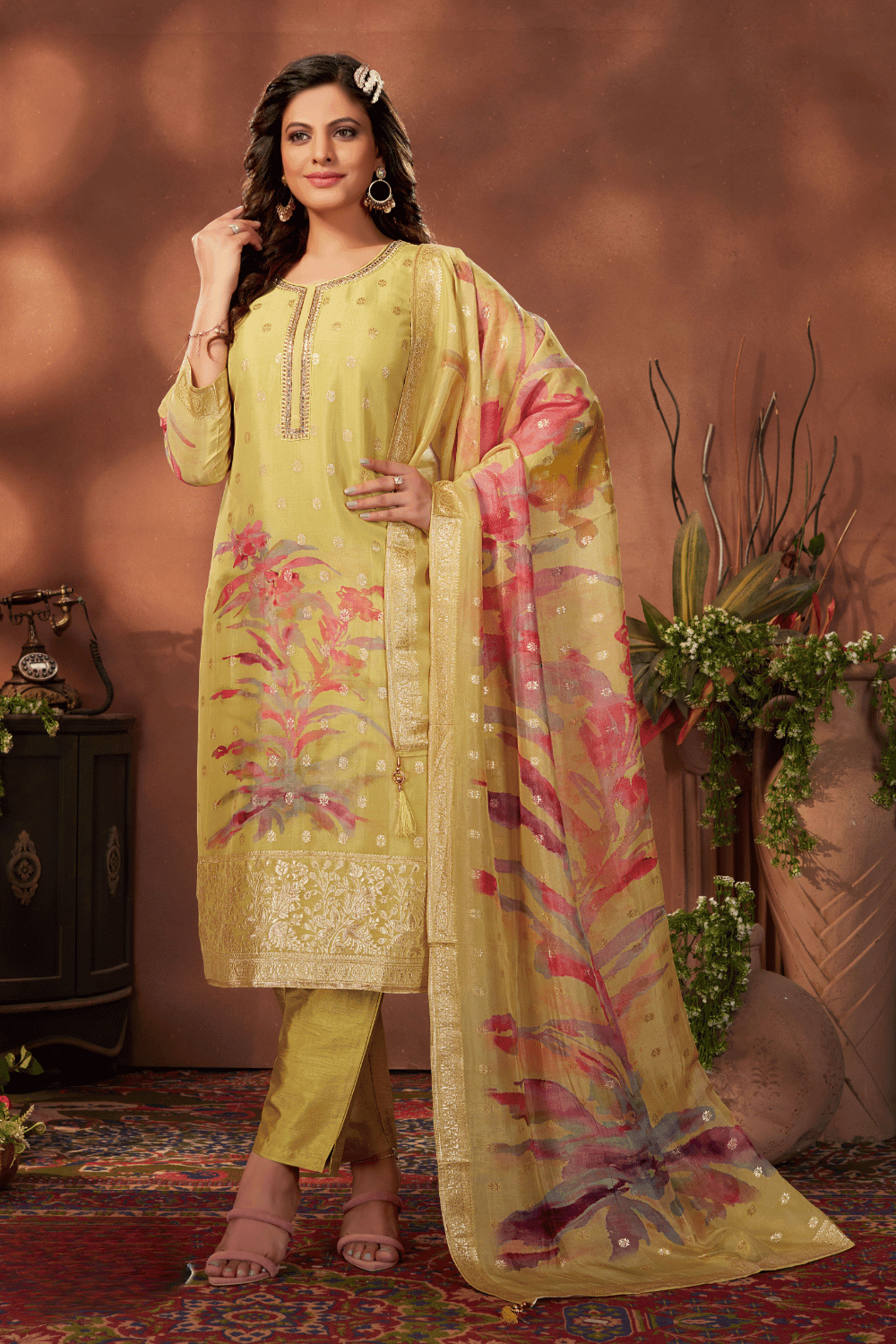 Light Yellow Banaras, Zardozi and Zari work with Tie and Dye Print Straight Cut Salwar Suit - Seasons Chennai
