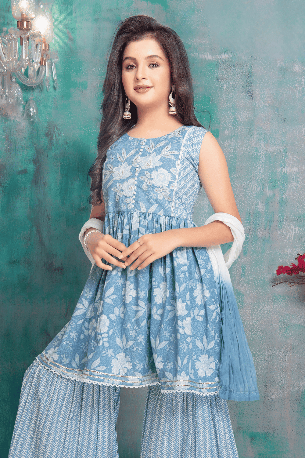 Blue Digital Print, Thread and Zari work Peplum Top and Palazzo Set for Girls - Seasons Chennai