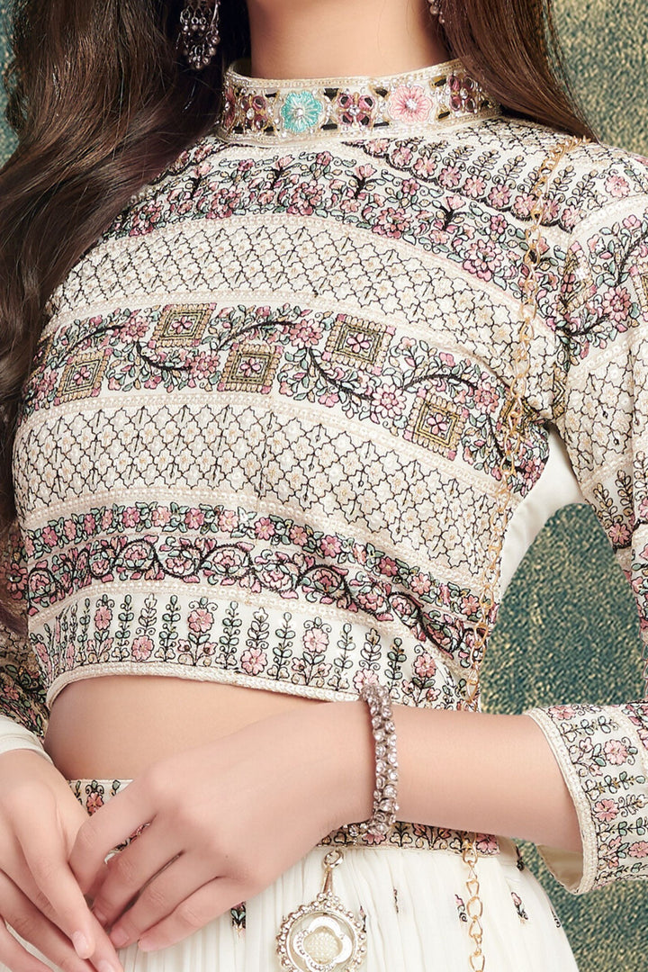 Cream Multicolor Thread, Sequins and Zari work Lehenga Choli for Girls with Bag