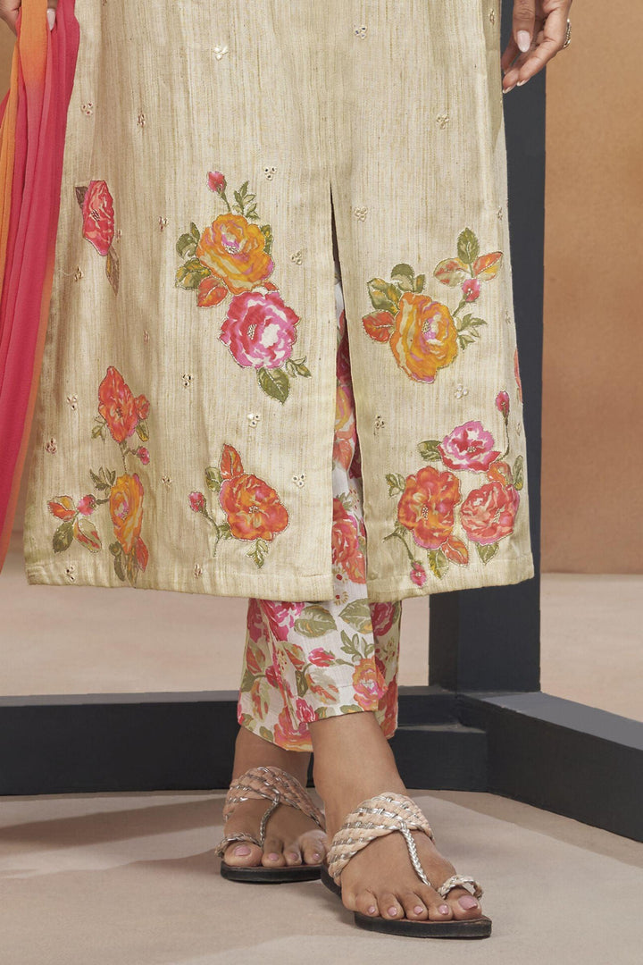 Cream Thread and Zari work with Floral Print Straight Cut Salwar Suit - Seasons Chennai