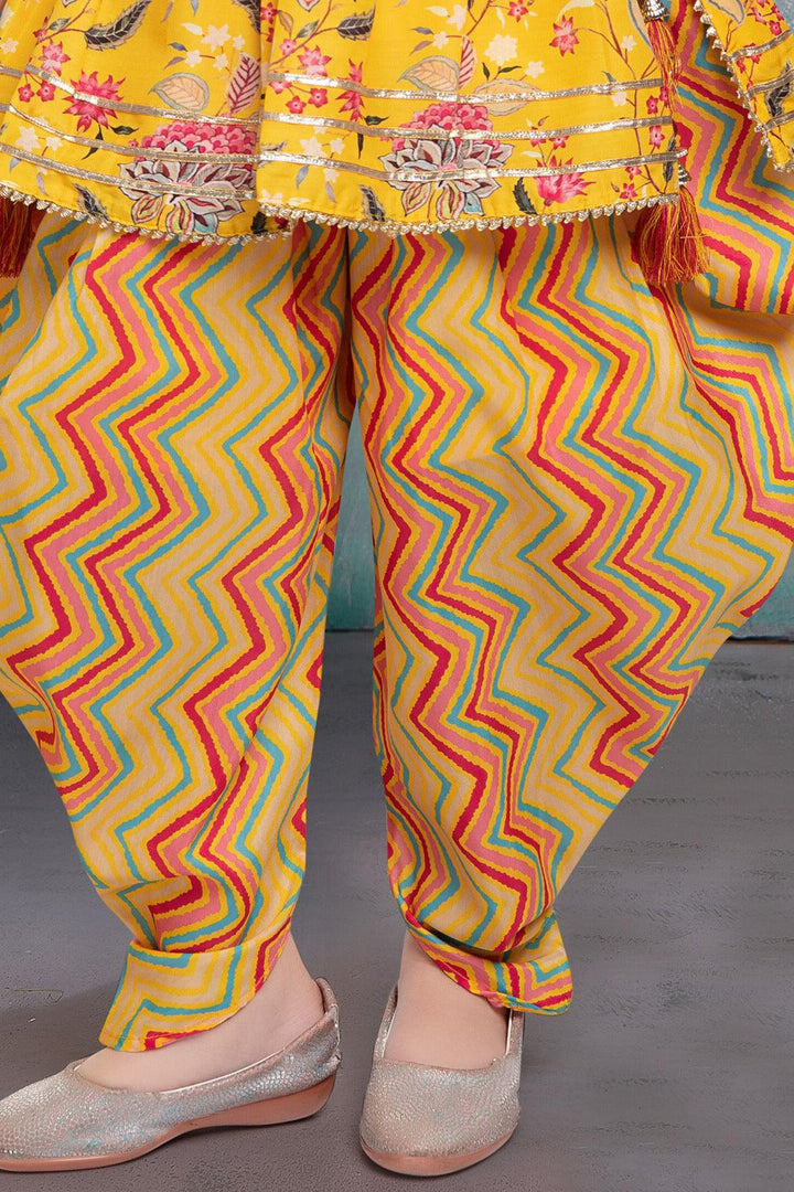 Yellow with Multicolor Digital Print and Zari Thread work Dhoti Style Peplum Kurti for Girls - Seasons Chennai